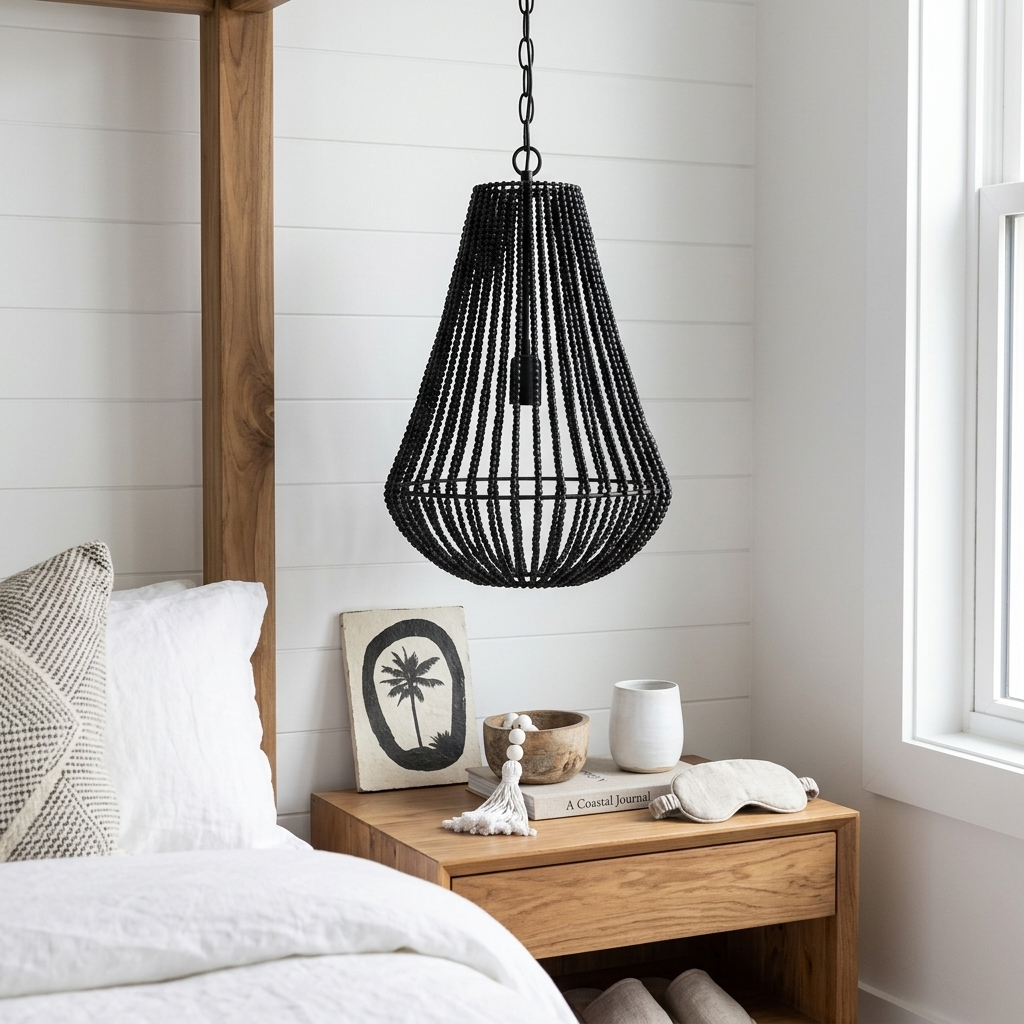 A black beaded pendant light hangs over a wooden nightstand in a bright, modern bedroom with white shiplap walls, a bed with white linens, and decorative items on the table.