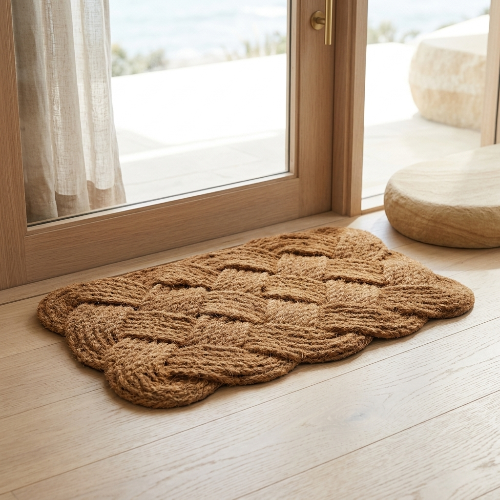 A natural woven jute doormat with a braided pattern, placed on a light wood floor in front of glass doors.