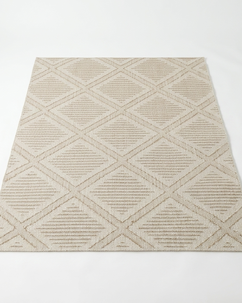 A rectangular area rug with a textured geometric diamond pattern in beige and light brown, shown from a top-down perspective on a white background.