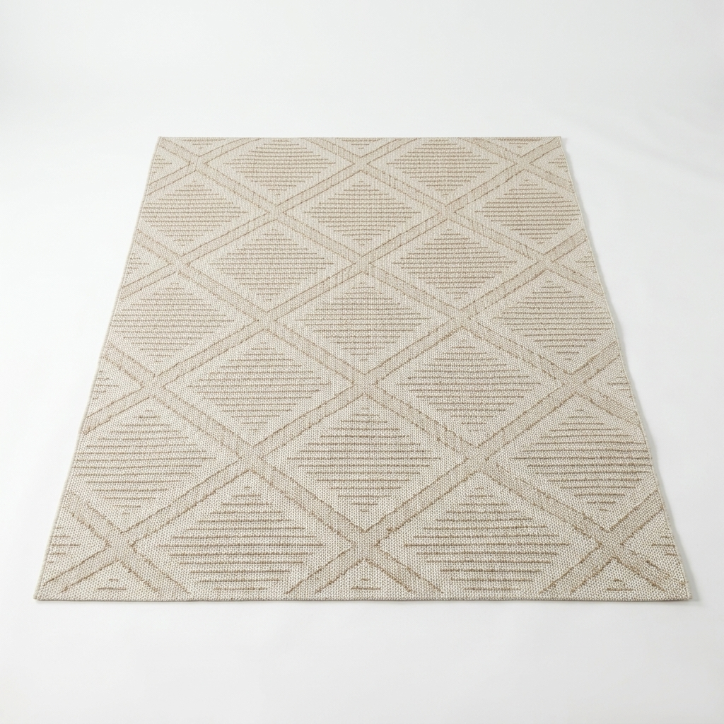 A rectangular area rug with a textured geometric diamond pattern in beige and light brown, shown from a top-down perspective on a white background.