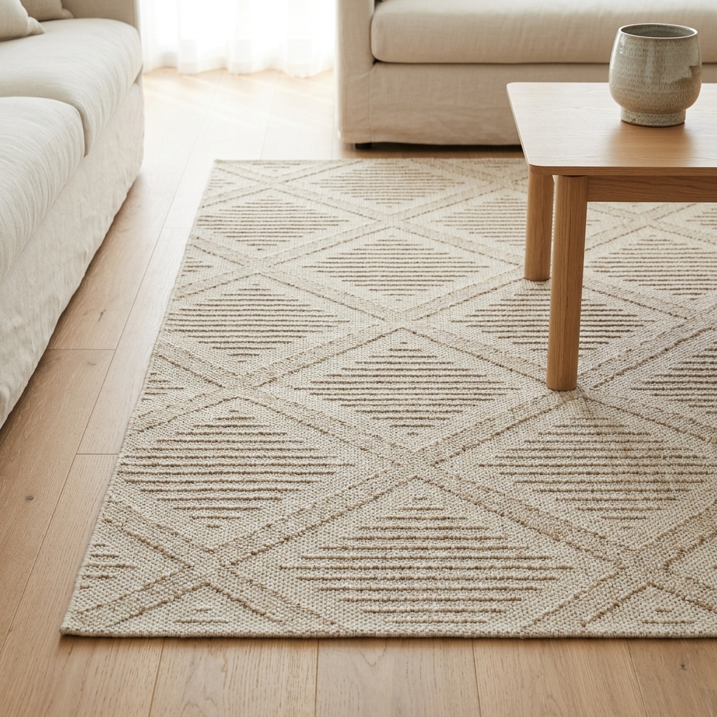 A rectangular area rug with a textured geometric diamond pattern in beige and light brown, styled on a light wood floor in a living room setting with a sofa and coffee table.
