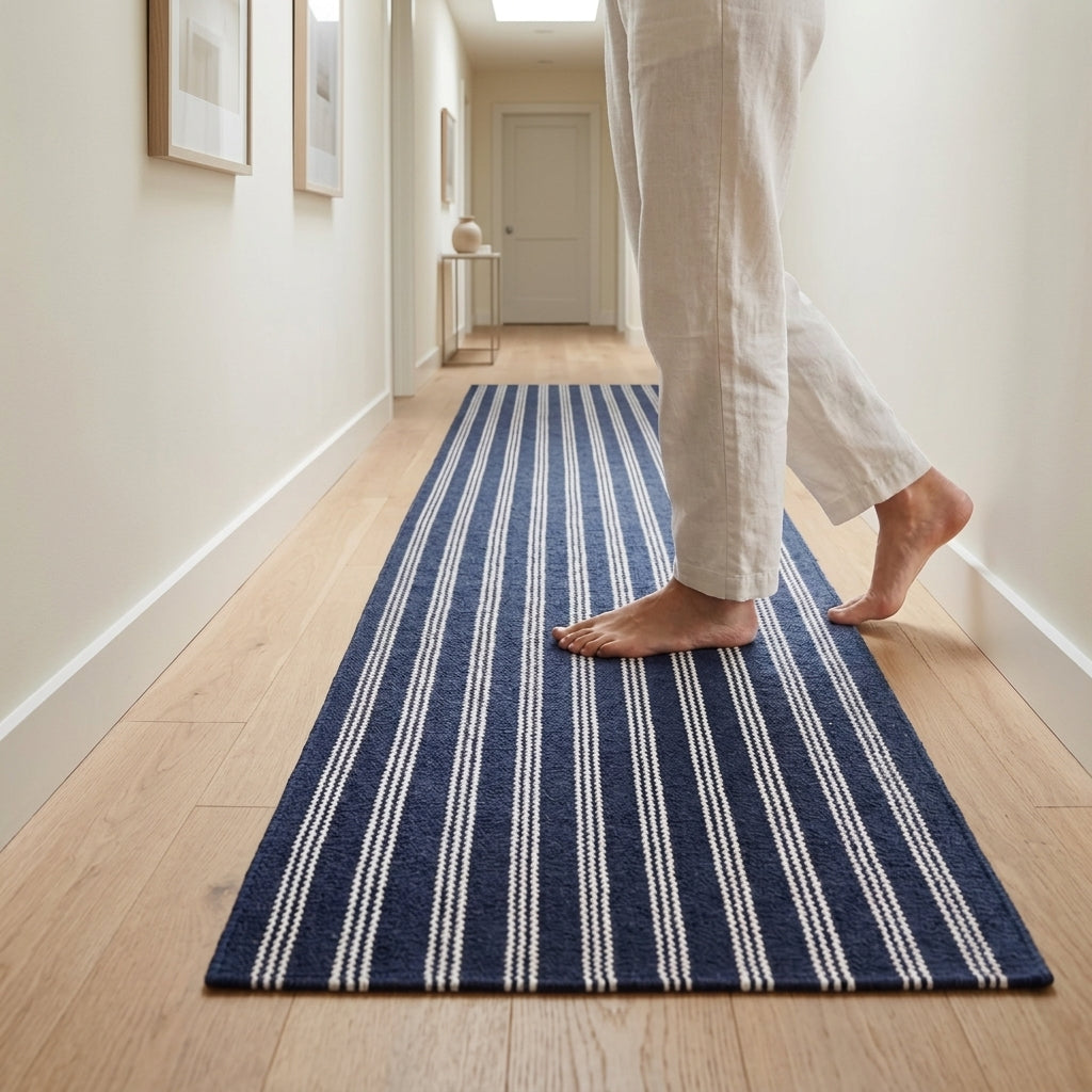 A person wearing light beige linen pants walks barefoot on a navy blue runner rug with white stripes in a bright, modern hallway with light wood floors.