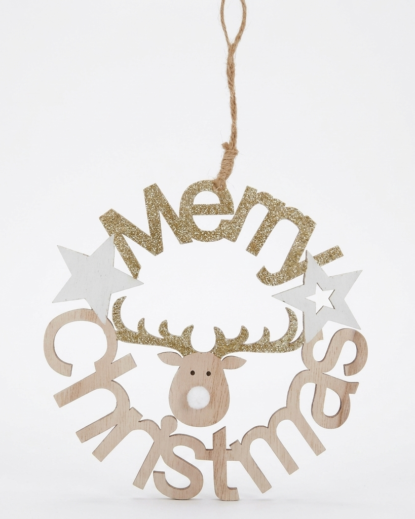A wooden Christmas hanging ornament featuring the words 'Merry Christmas' in natural wood and glittery gold lettering, with a reindeer face in the center and two white star cutouts on either side, suspended by a twine string against a plain white background.