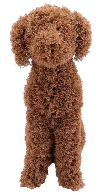A brown curly-haired plush dog toy standing upright against a plain white background.