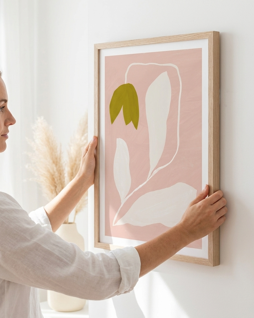 A woman in a white shirt hangs a framed minimalist art print on a white wall. The print features a light pink background with abstract white leaf shapes and a green tulip bud, enclosed in a light natural wood frame.