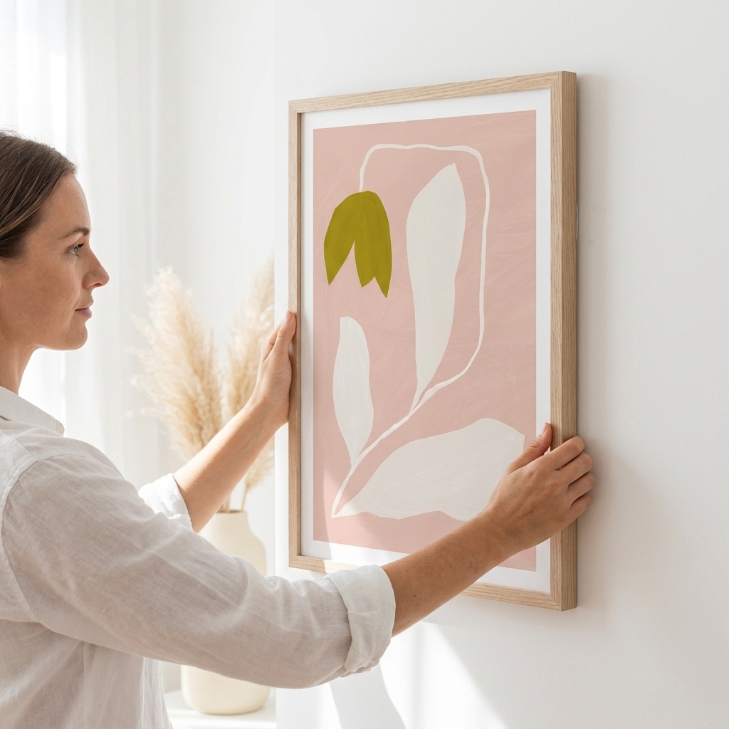 A woman in a white shirt hangs a framed minimalist art print on a white wall. The print features a light pink background with abstract white leaf shapes and a green tulip bud, enclosed in a light natural wood frame.