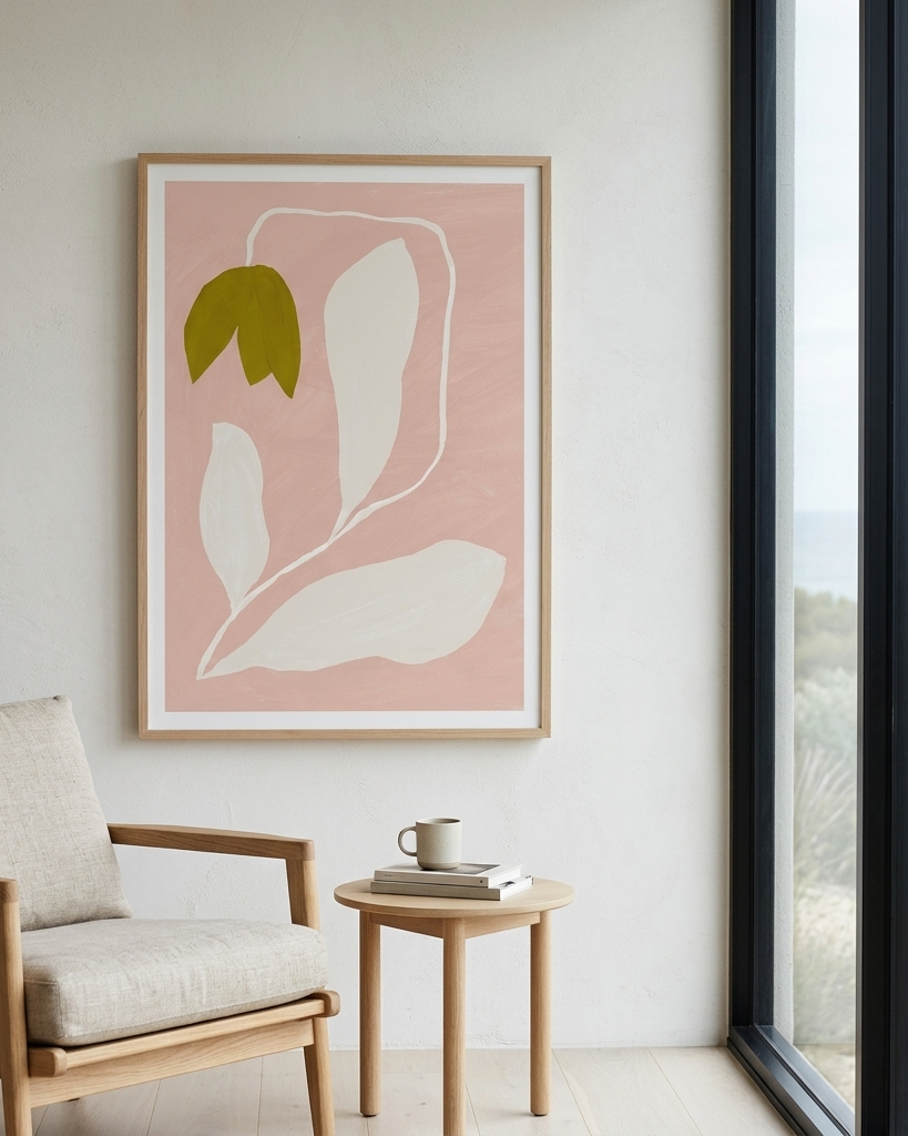 A framed abstract botanical art print with a dusty pink background, white leaf shapes, and a single olive green leaf, hanging on a light gray wall in a modern living room setting next to a window.