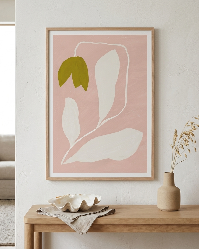 A framed minimalist botanical art print with a dusty pink background, white leaf outlines, and a single olive-green leaf, displayed on a white wall above a wooden console table with a vase and shell.