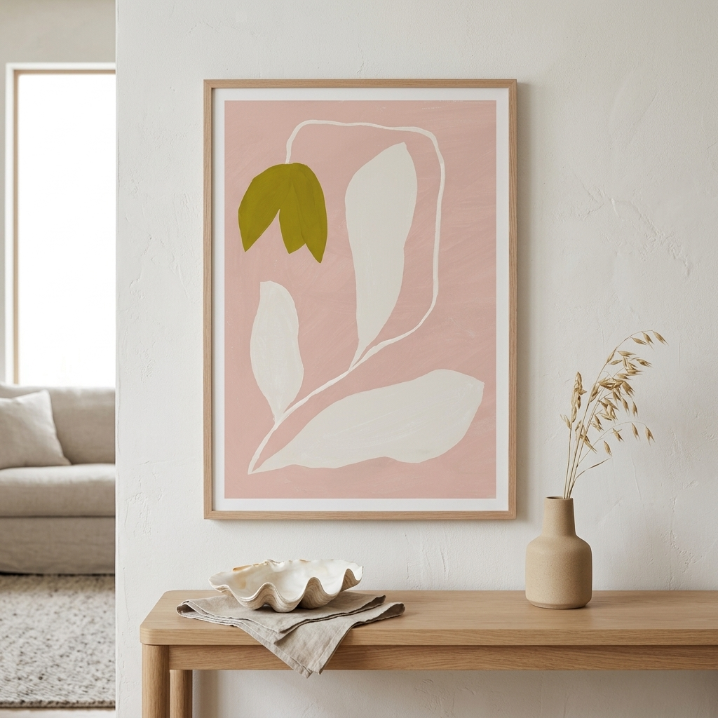 A framed minimalist botanical art print with a dusty pink background, white leaf outlines, and a single olive-green leaf, displayed on a white wall above a wooden console table with a vase and shell.