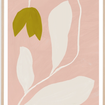 Minimalist botanical art print featuring a stylized olive green tulip bud and cream-colored leaves on a dusty pink background, framed with a white mat and light wood border.
