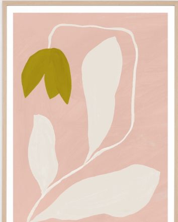 Minimalist botanical art print featuring a stylized olive green tulip bud and cream-colored leaves on a dusty pink background, framed with a white mat and light wood border.