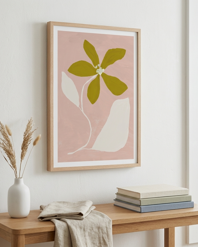 A framed minimalist floral art print hangs on a white wall above a wooden console table. The print features a large olive green flower and cream leaves on a dusty pink background, enclosed in a light natural wood frame.