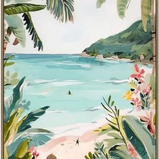 Framed artwork of a tropical beach scene with palm trees and flowers.