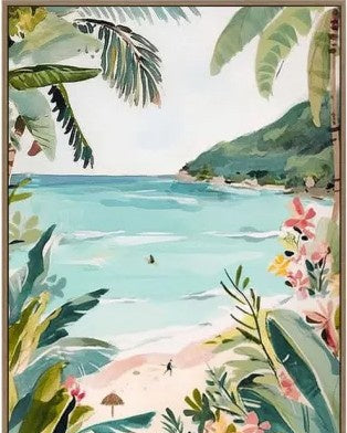 Framed artwork of a tropical beach scene with palm trees and flowers.
