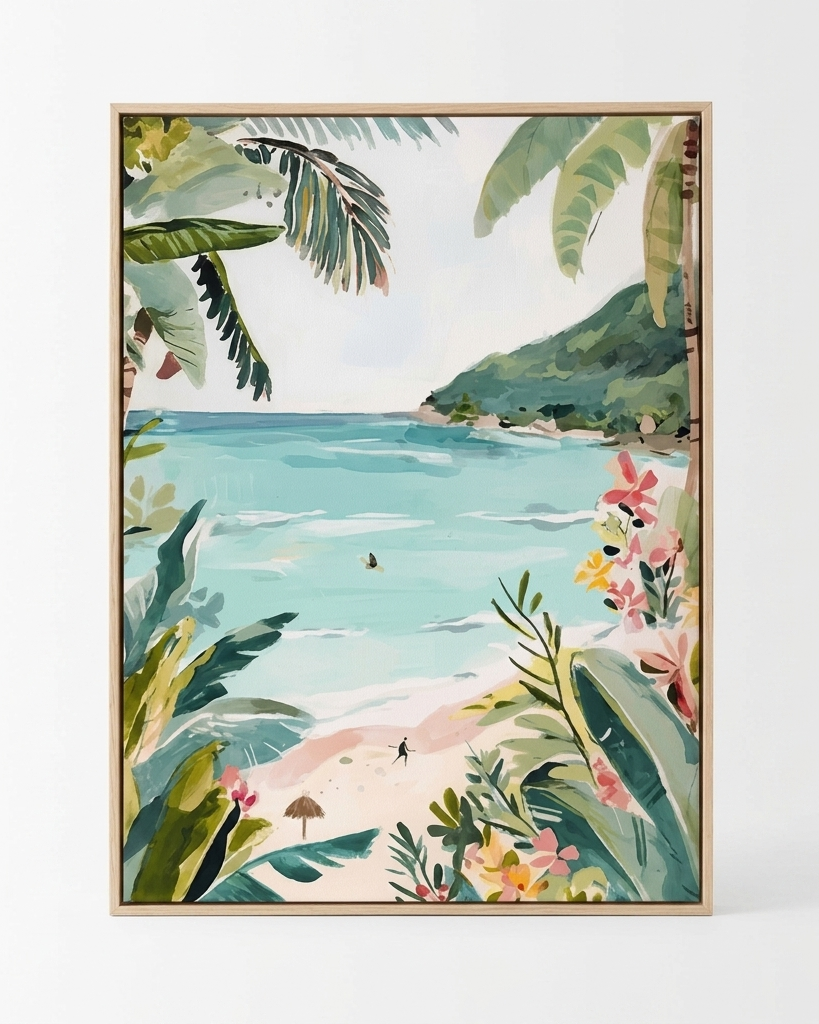 A framed tropical beach art print featuring turquoise ocean water, palm leaves, green hills, and pink flowers, displayed against a clean white background.