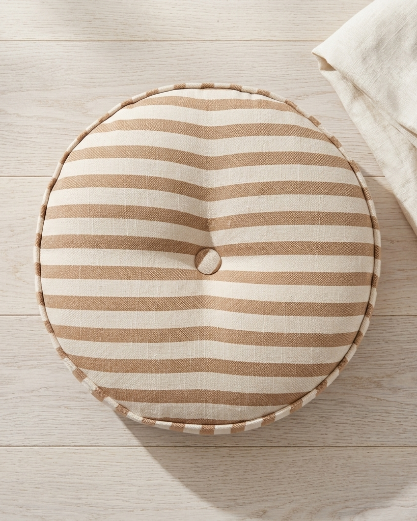 Round floor cushion with horizontal beige and off-white stripes, featuring a central tufted button and a scalloped edge, styled on a light wood floor next to a folded cream textile.