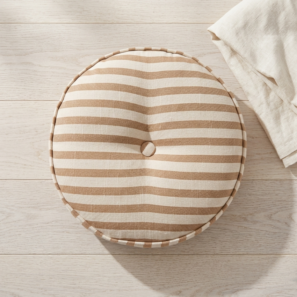 Round floor cushion with horizontal beige and off-white stripes, featuring a central tufted button and a scalloped edge, styled on a light wood floor next to a folded cream textile.