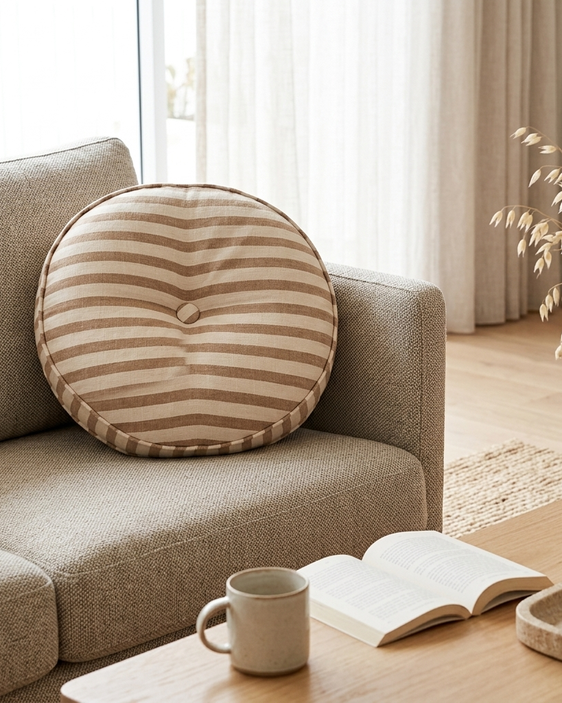 A round throw pillow with beige and brown horizontal stripes sits on a textured beige sofa in a bright, modern living room setting.