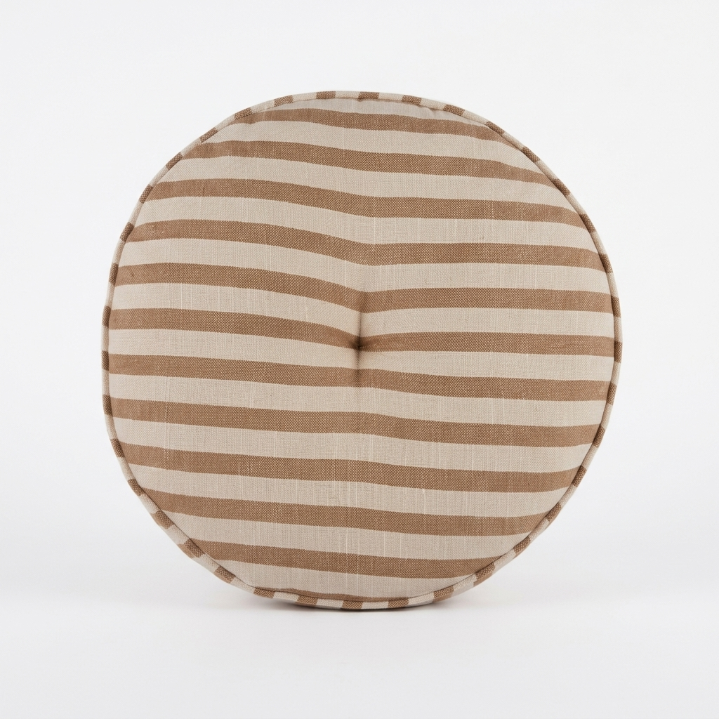 A round floor pouf cushion with horizontal brown and beige stripes, featuring a buttoned center and a stitched edge, shown on a plain white background.