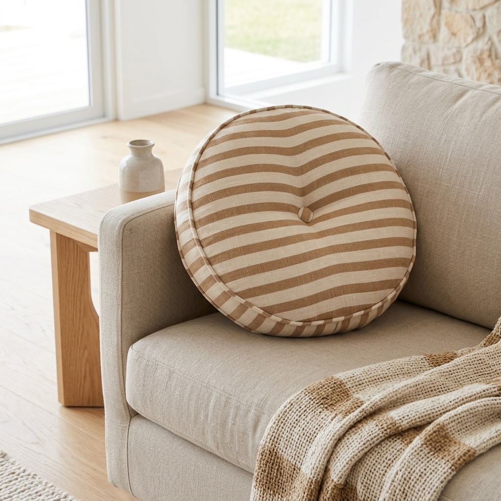 A round tufted throw pillow with beige and cream horizontal stripes rests on a light beige sofa in a bright, modern living room setting.