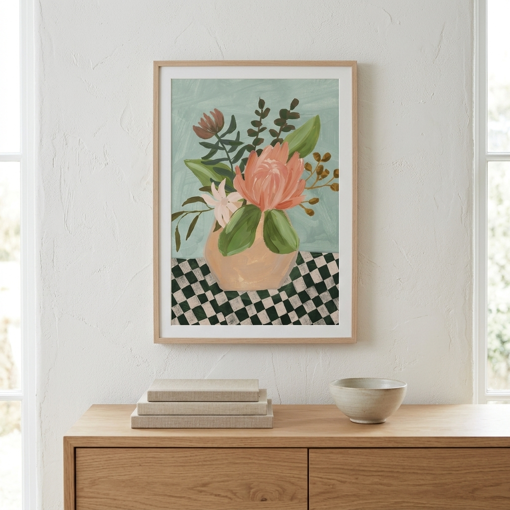 A framed floral art print featuring a pink flower in a beige vase against a light blue background, hung on a white textured wall above a wooden console table with books and a bowl.