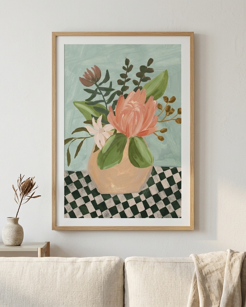 A framed floral art print hangs on a white wall above a light beige sofa. The print shows a bouquet of pink and white flowers with green leaves in a beige vase against a pale blue-green background, with a black-and-white checkered pattern at the bottom.