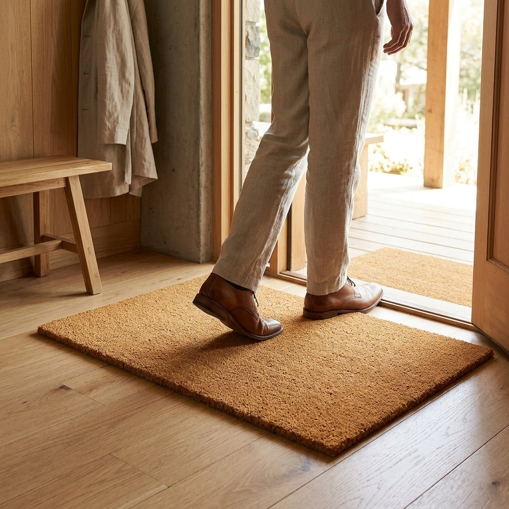 Person stepping onto a doormat in a home setting