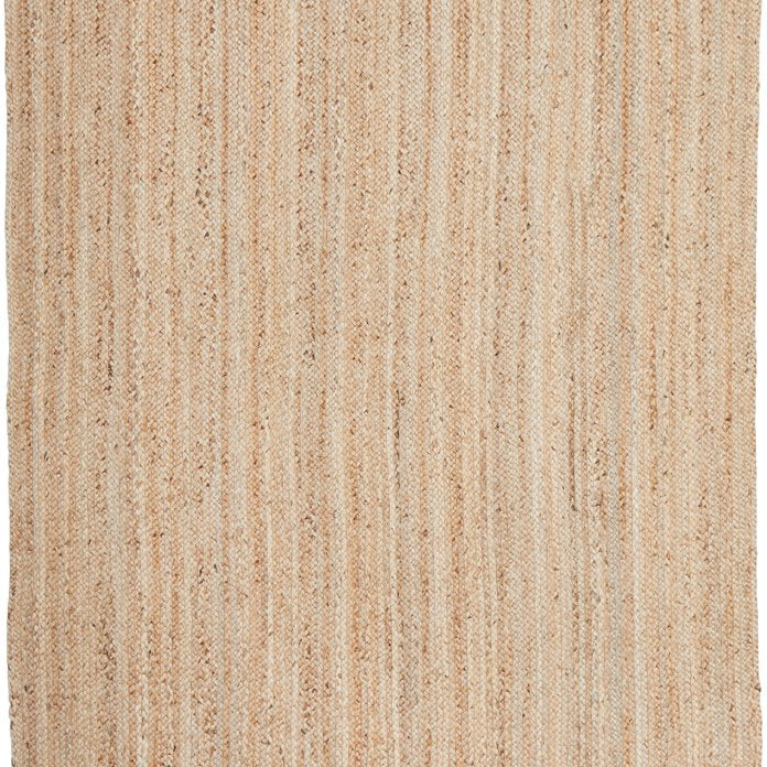 Beige woven rug with a striped pattern on a white background