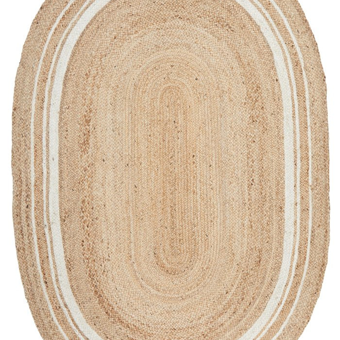 Beige braided rug with concentric circles on a white background