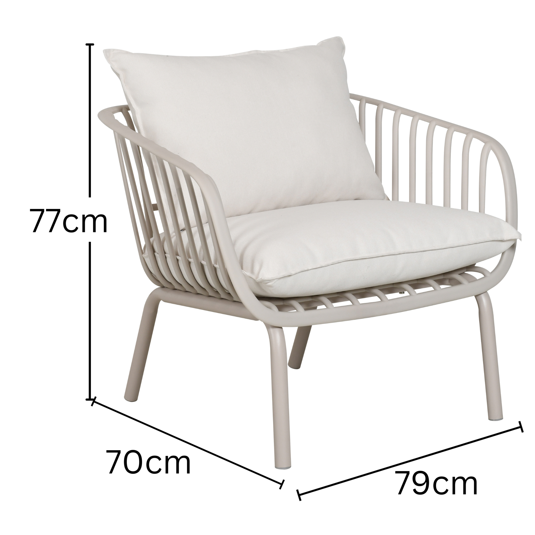 White armchair with dimensions labeled on a white background