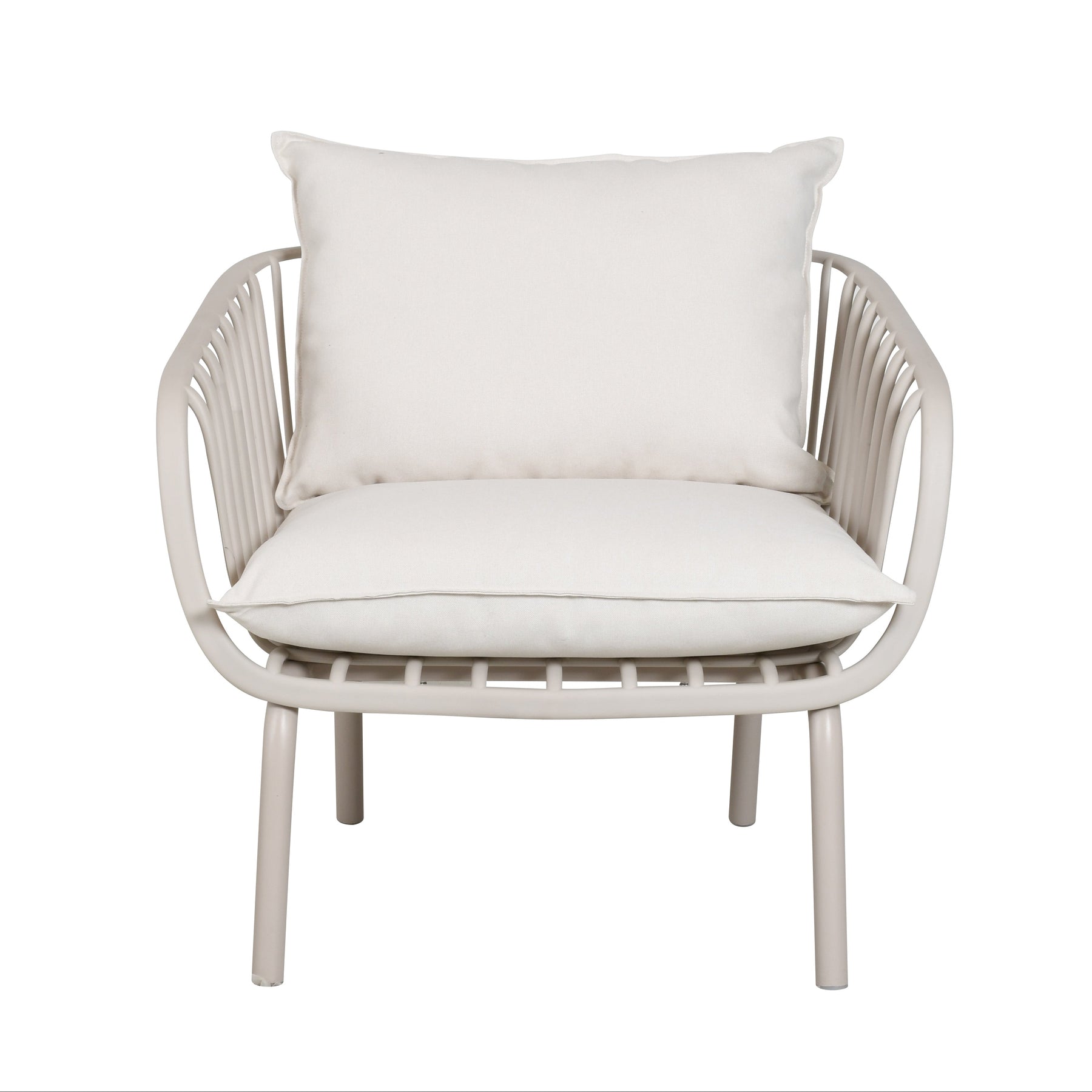 A modern outdoor armchair with a white woven slat frame and thick white cushions, shown against a plain white background.