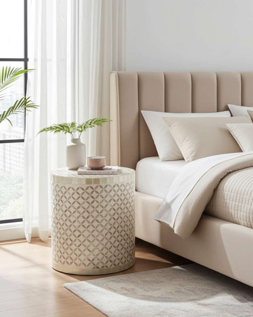 Neatly made bed with beige bedding in a bright bedroom with a side table and plant.