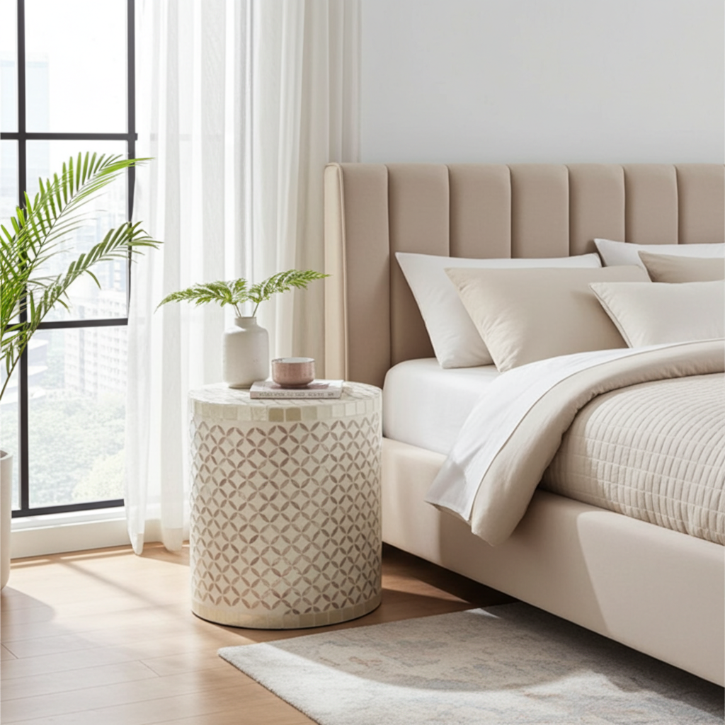 Neatly made bed with beige bedding in a bright bedroom with a side table and plant.