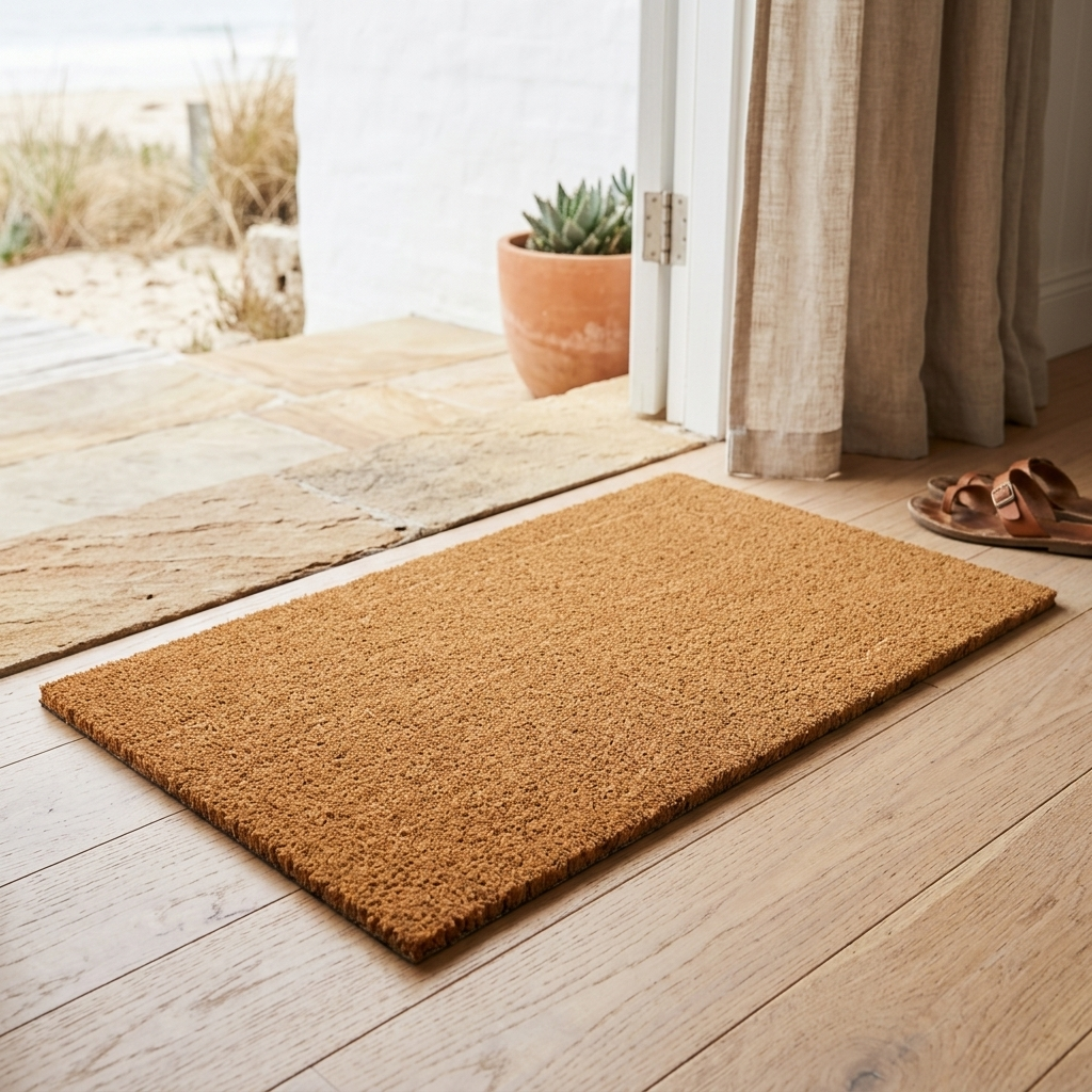 A rectangular natural coir doormat in a warm tan-brown color, shown on a light wood floor in front of an open doorway with a stone patio, curtain, and sandals nearby.