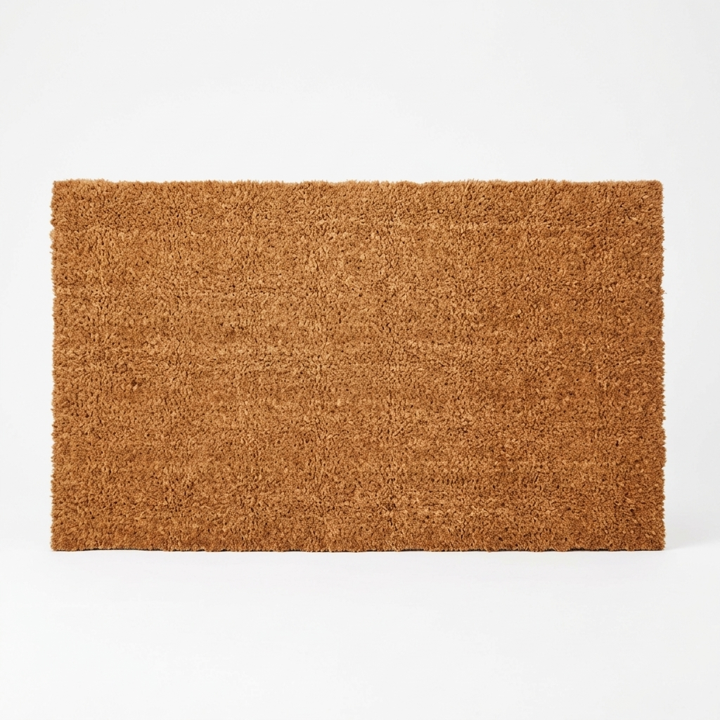 A rectangular natural coir doormat in a warm brown color, shown from a top-down view on a clean white background.
