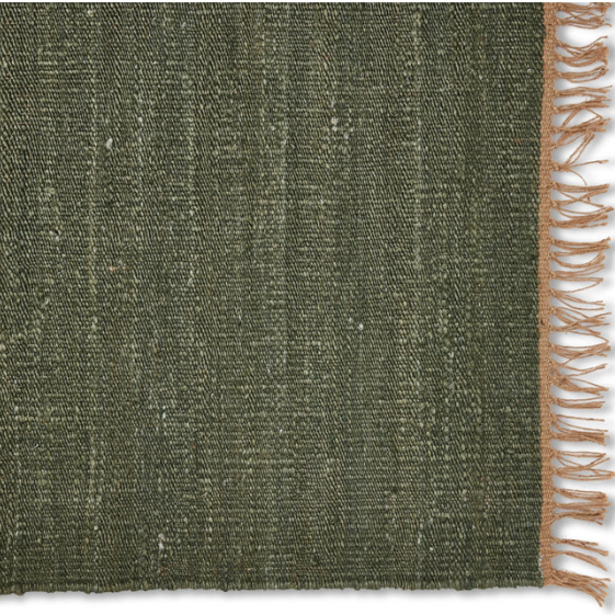 Green textured fabric with a brown fringe on a white background