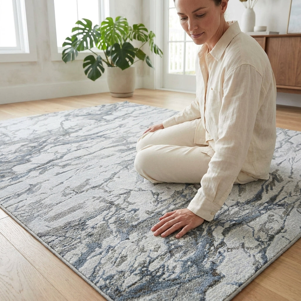 Woman sitting on a textured rug in a room with a plant and wooden furniture.