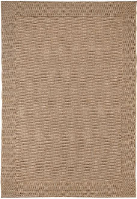 Beige woven rug with a subtle pattern on a plain background