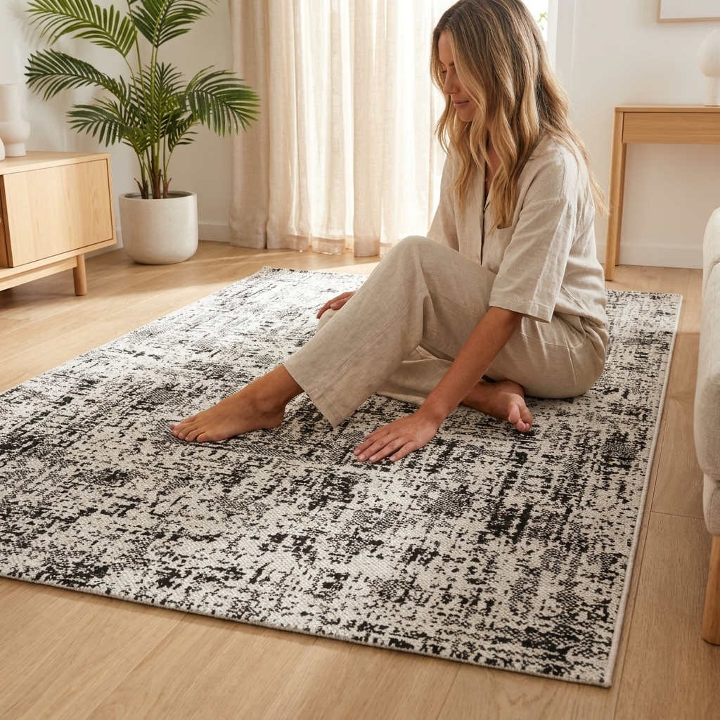 A woman sits barefoot on a large rectangular area rug with a distressed black, white, and gray abstract pattern in a bright, modern room with light wood floors and a potted plant.