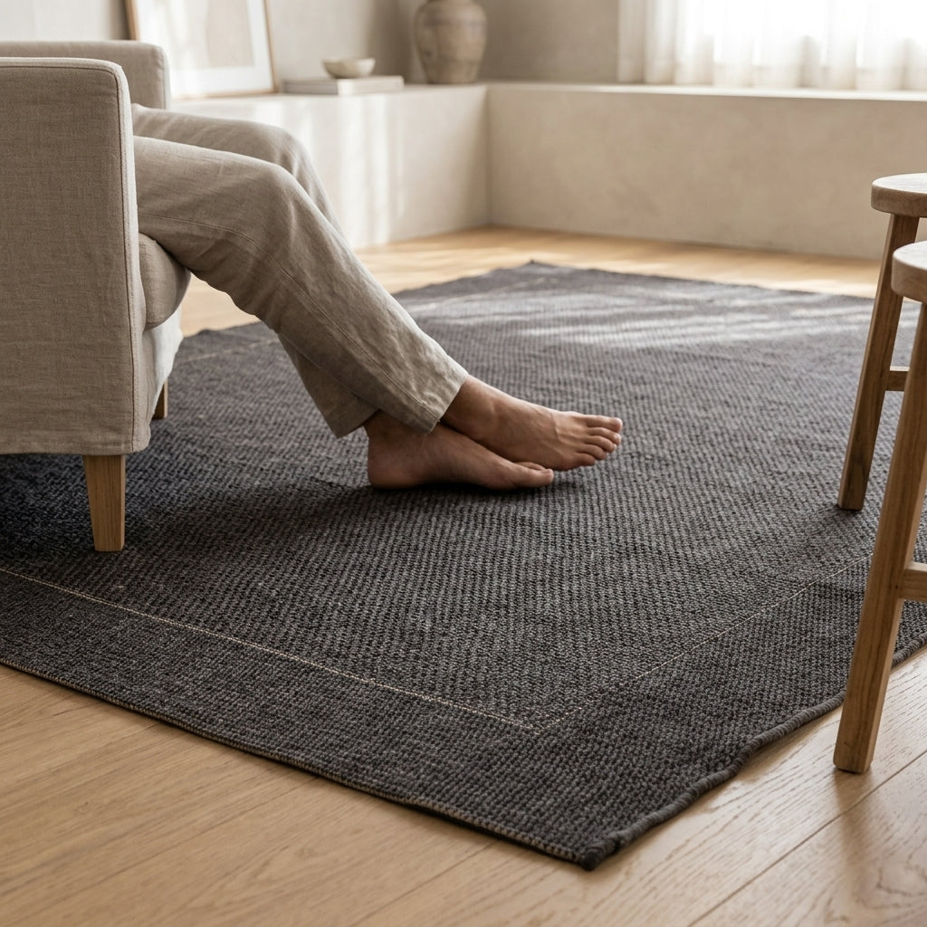 Person sitting on a gray rug in a room with wooden floor and furniture.