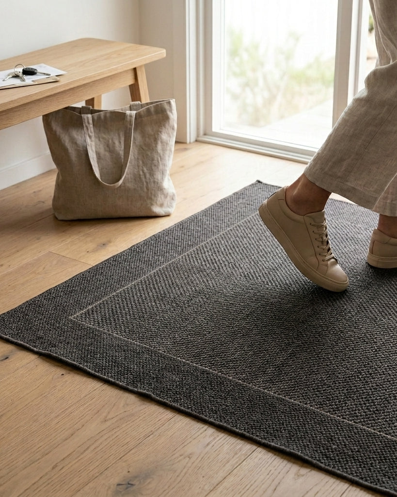 Person stepping onto a textured doormat in a home setting with a wooden bench and bag in the background.