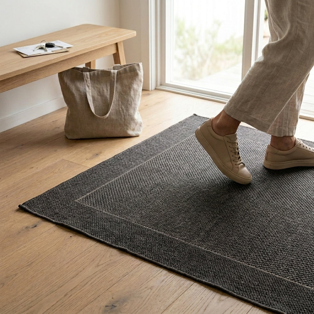 Person stepping onto a textured doormat in a home setting with a wooden bench and bag in the background.
