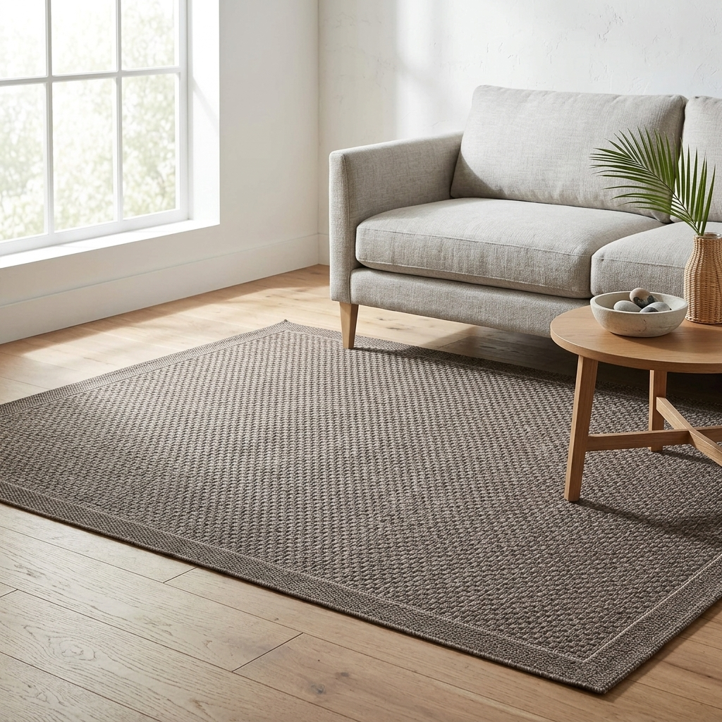 A rectangular woven area rug in a warm taupe-brown color, styled in a bright living room next to a light gray armchair and a small wooden side table.