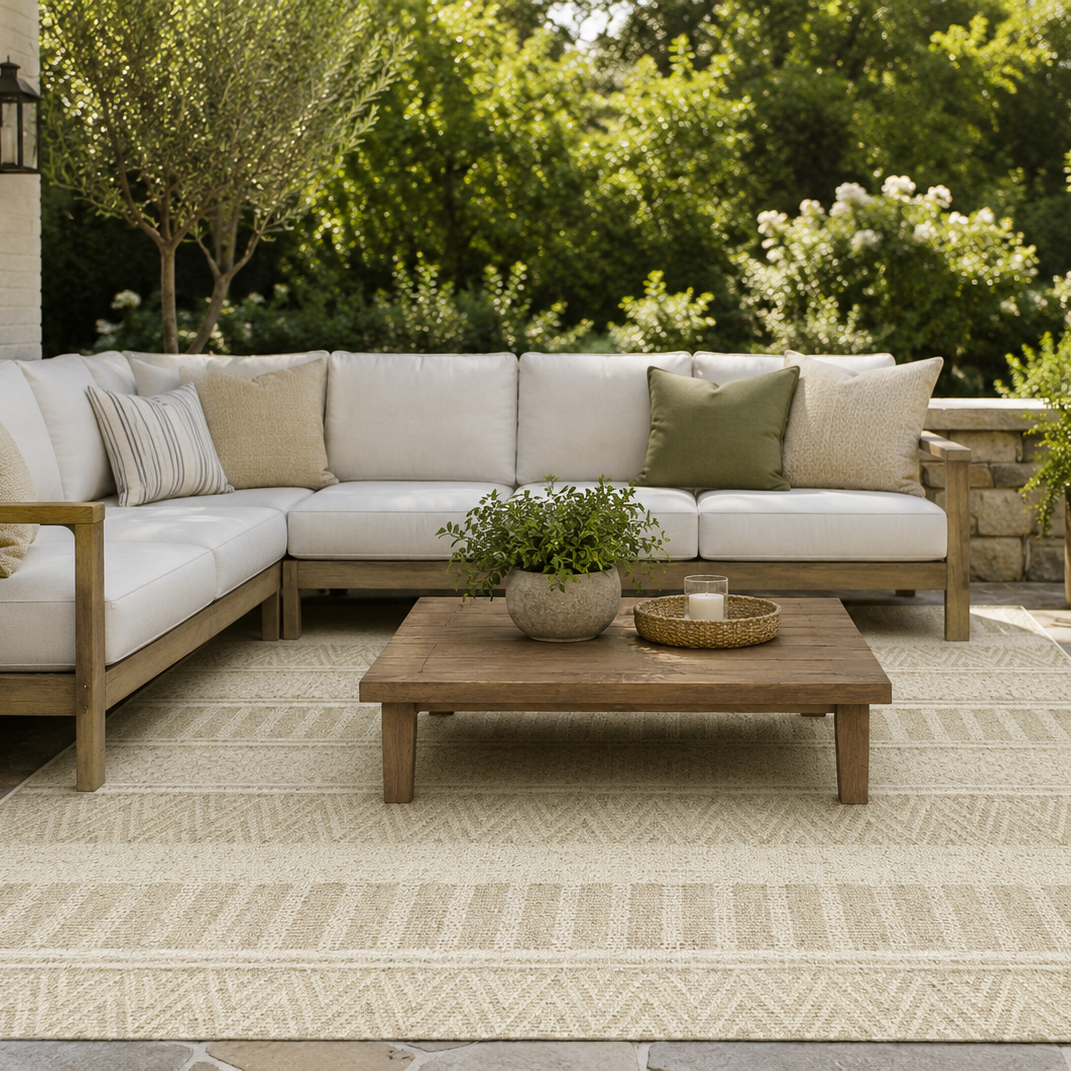 Outdoor patio with sectional sofa, coffee table, and potted plants on a patterned rug.