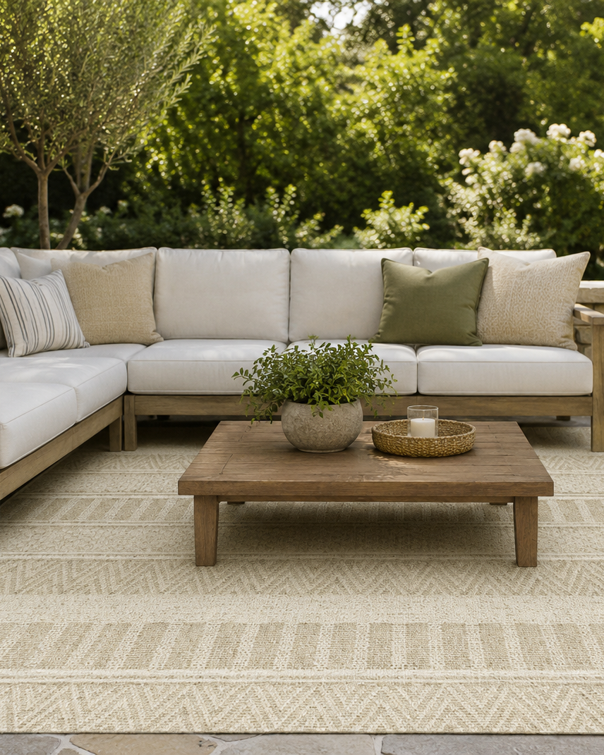 Outdoor patio with sectional sofa, coffee table, and potted plants on a patterned rug.