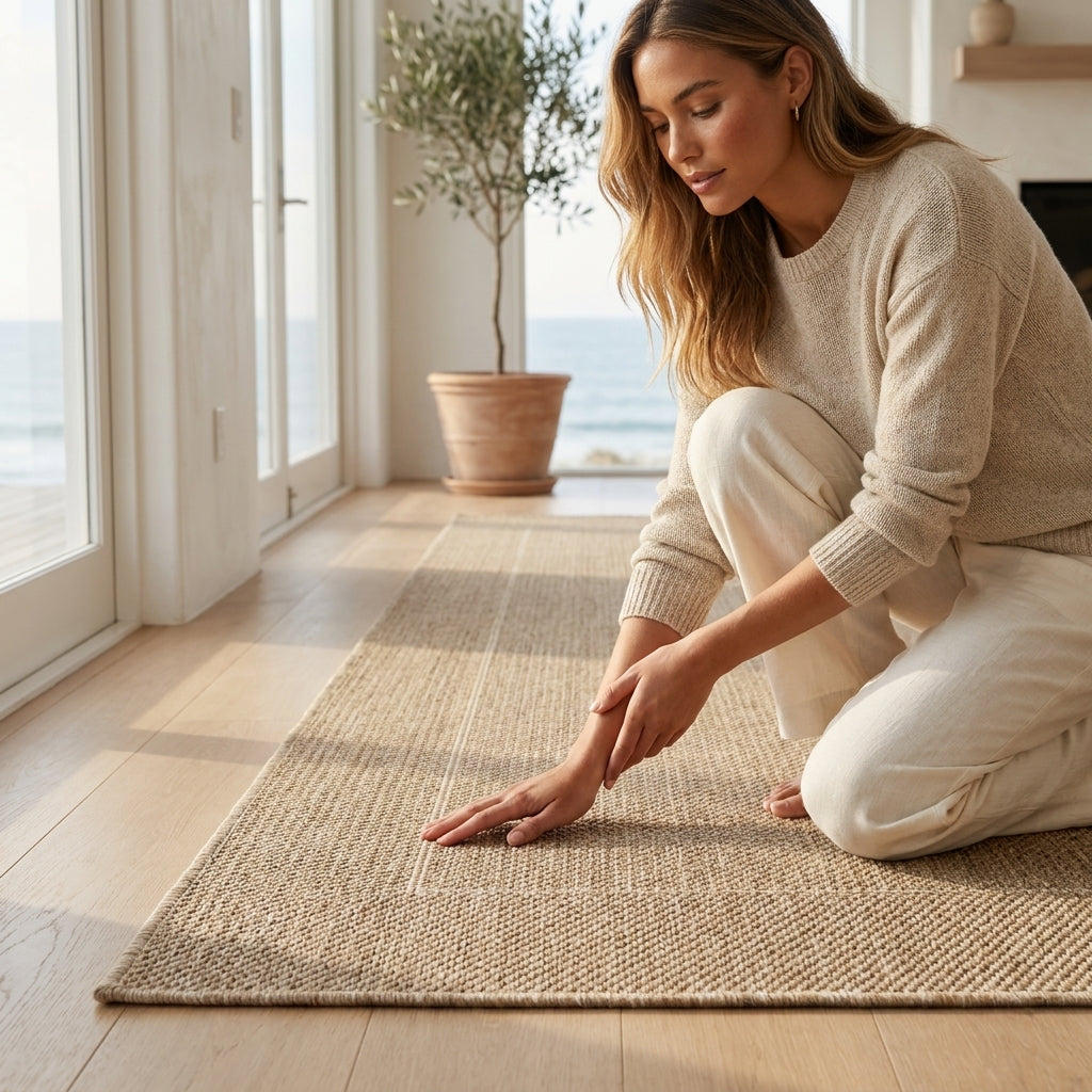 indoor/outdoor rug in rope with a woman touching the rug