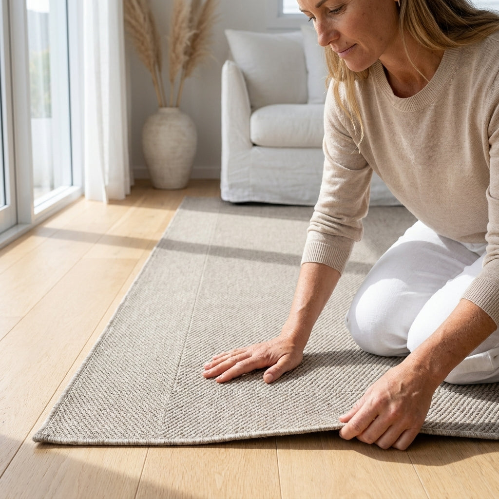 Woman placing a beige rug on a wooden floor in a living room.