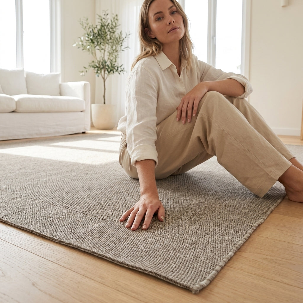 Woman sitting on a textured rug in a bright living room