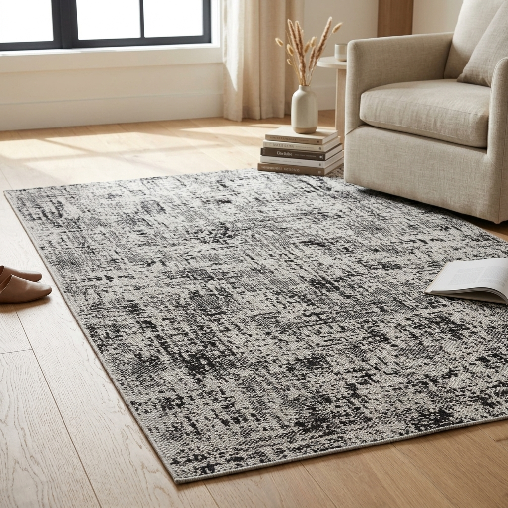A rectangular area rug with a distressed black and gray abstract pattern, styled on a light wood floor in a bright living room next to a beige armchair.
