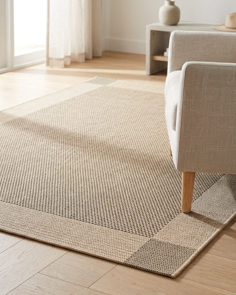 A natural woven area rug in beige and light brown tones with a checkered border, shown on a light wood floor in a bright living room next to a light-colored armchair.